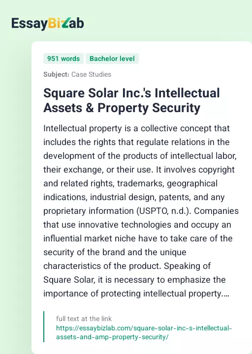Square Solar Inc.'s Intellectual Assets & Property Security - Essay Preview