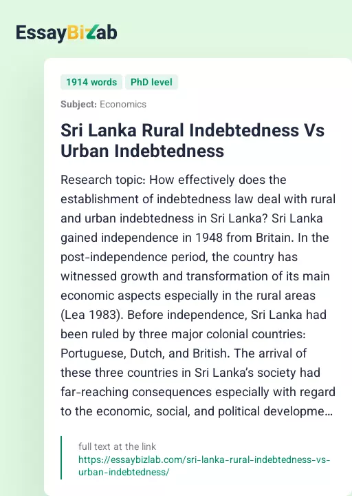 Sri Lanka Rural Indebtedness Vs Urban Indebtedness - Essay Preview