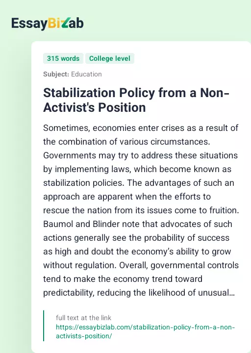 Stabilization Policy from a Non-Activist's Position - Essay Preview