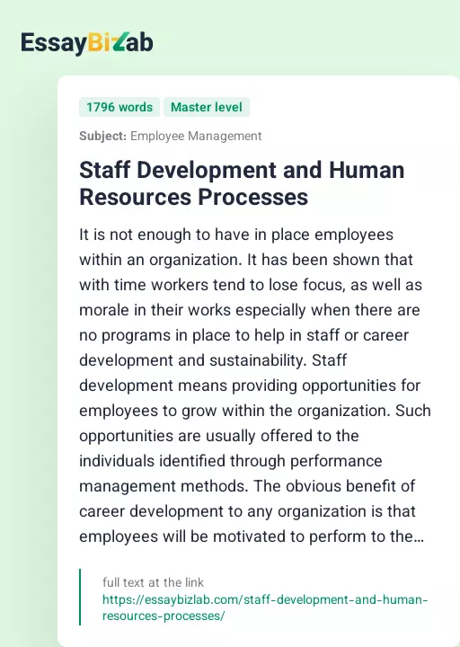 Staff Development and Human Resources Processes - Essay Preview