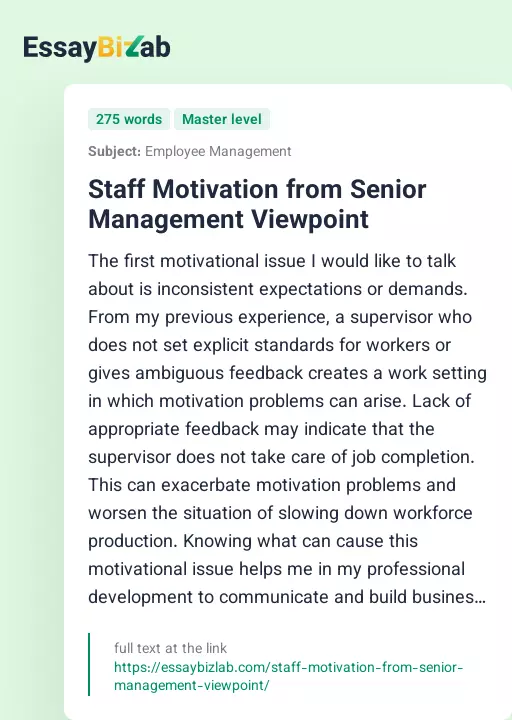 Staff Motivation from Senior Management Viewpoint - Essay Preview