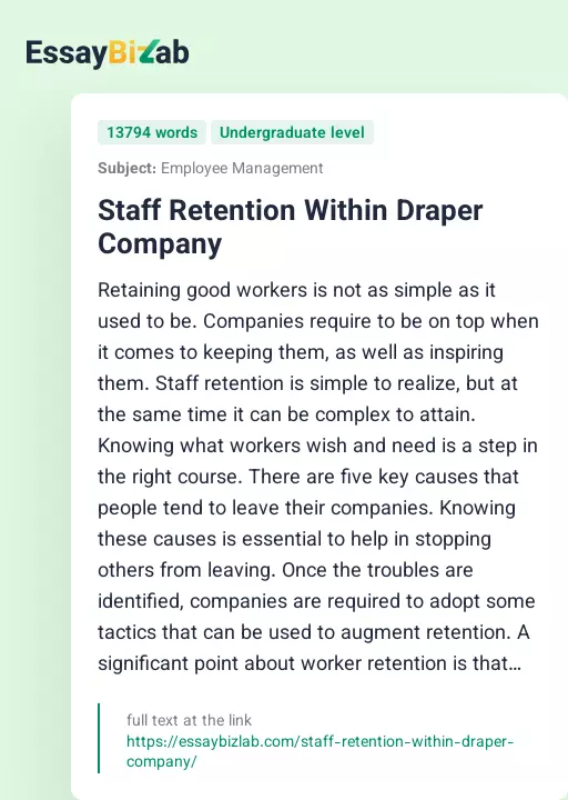 Staff Retention Within Draper Company - Essay Preview