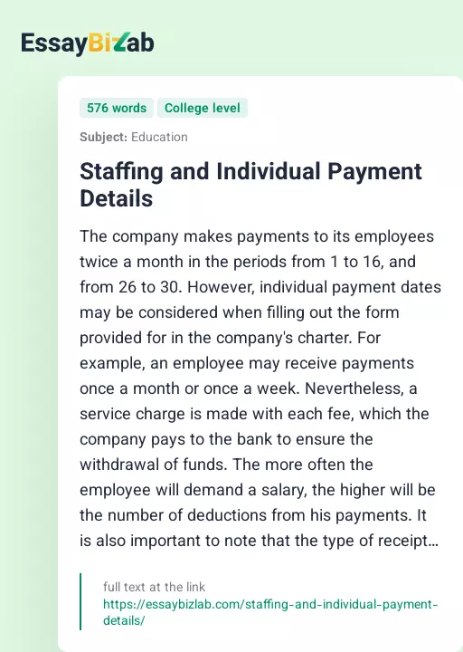 Staffing and Individual Payment Details - Essay Preview