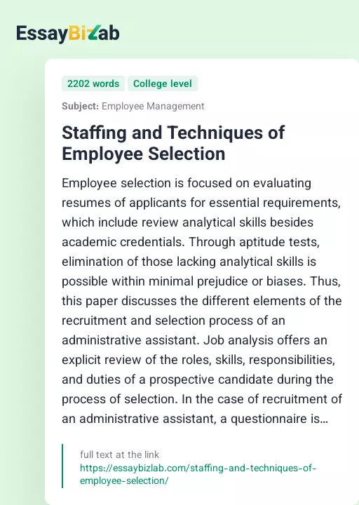Staffing and Techniques of Employee Selection - Essay Preview