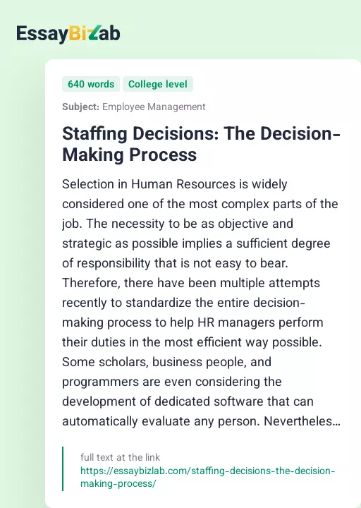 Staffing Decisions: The Decision-Making Process - Essay Preview