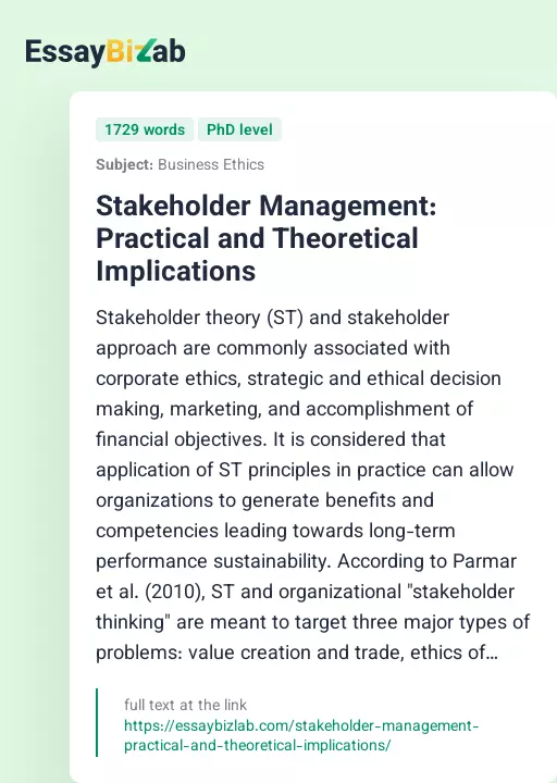 Stakeholder Management: Practical and Theoretical Implications - Essay Preview