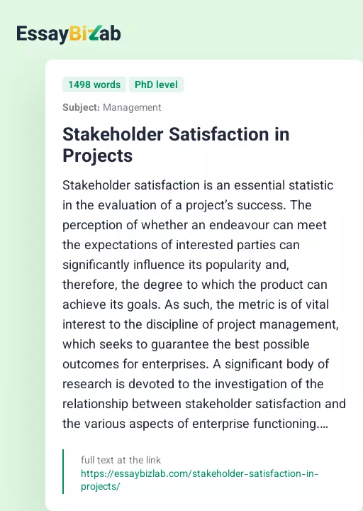 Stakeholder Satisfaction in Projects - Essay Preview
