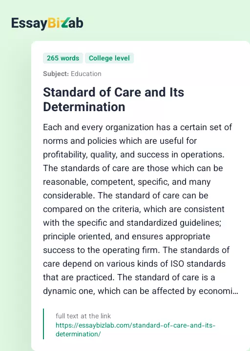 Standard of Care and Its Determination - Essay Preview