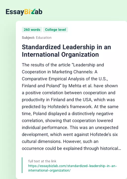 Standardized Leadership in an International Organization - Essay Preview