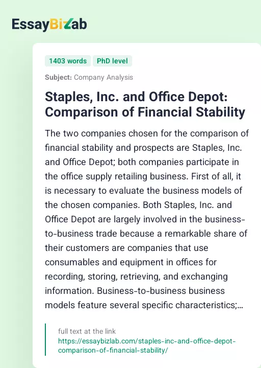 Staples, Inc. and Office Depot: Comparison of Financial Stability - Essay Preview