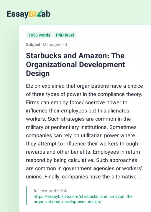 Starbucks and Amazon: The Organizational Development Design - Essay Preview