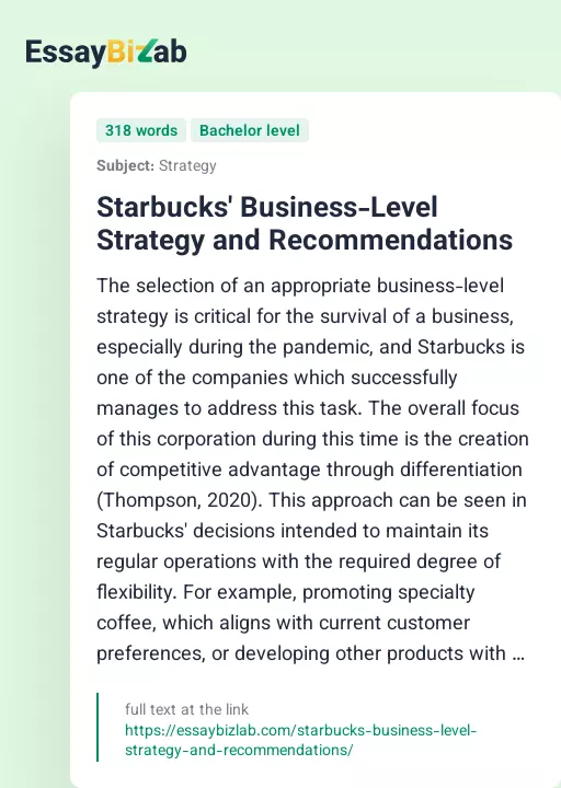 Starbucks' Business-Level Strategy and Recommendations - Essay Preview