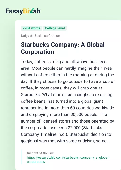 Starbucks Company: A Global Corporation - Essay Preview