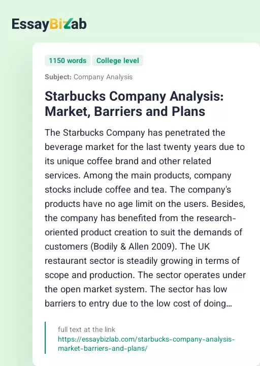 Starbucks Company Analysis: Market, Barriers and Plans - Essay Preview
