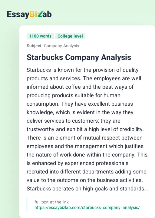 Starbucks Company Analysis - Essay Preview