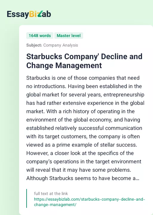 Starbucks Company' Decline and Change Management - Essay Preview