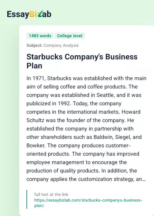 Starbucks Company's Business Plan - Essay Preview