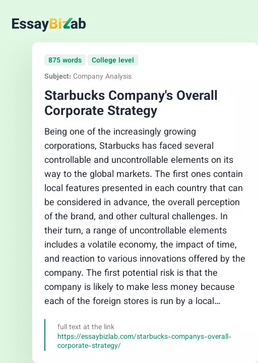Starbucks Company's Overall Corporate Strategy - Essay Preview