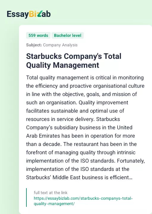 Starbucks Company's Total Quality Management - Essay Preview