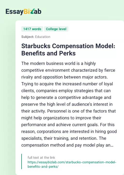 Starbucks Compensation Model: Benefits and Perks - Essay Preview