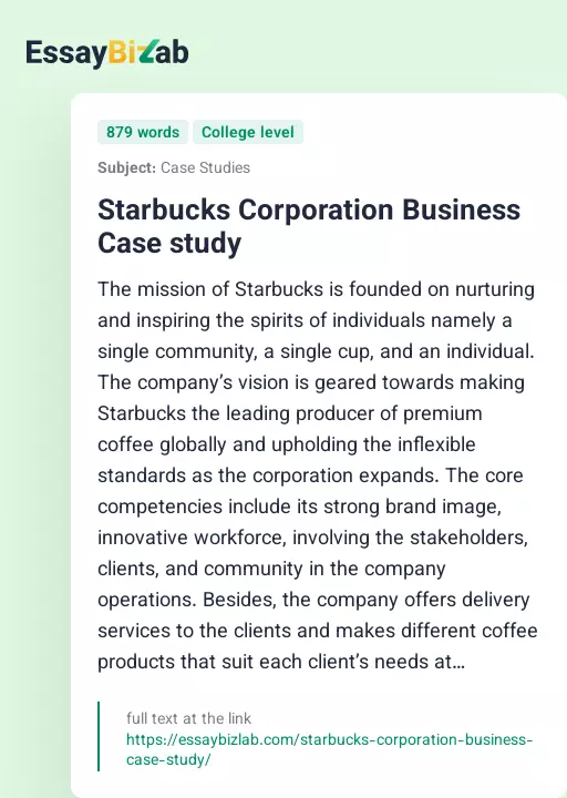 Starbucks Corporation Business Case study - Essay Preview