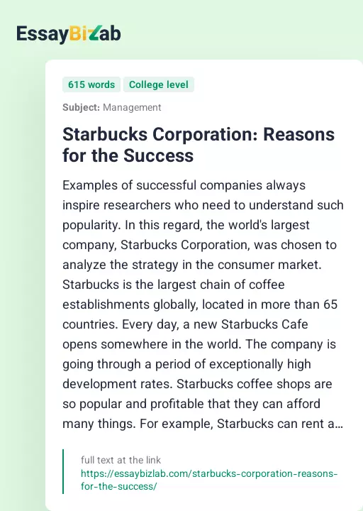 Starbucks Corporation: Reasons for the Success - Essay Preview