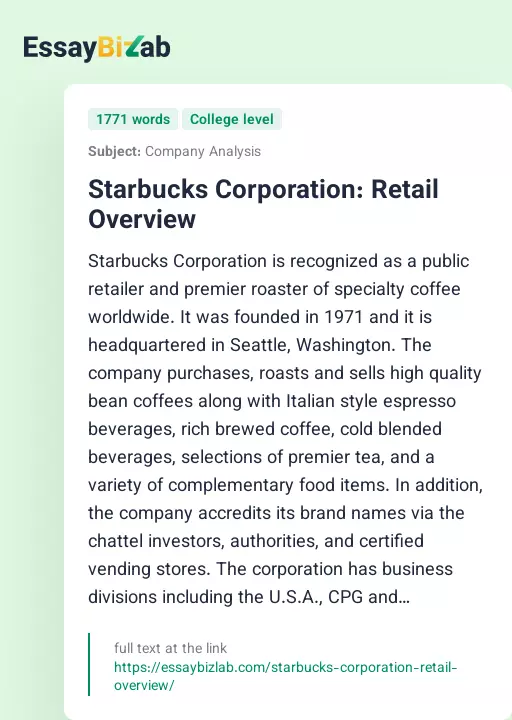 Starbucks Corporation: Retail Overview - Essay Preview