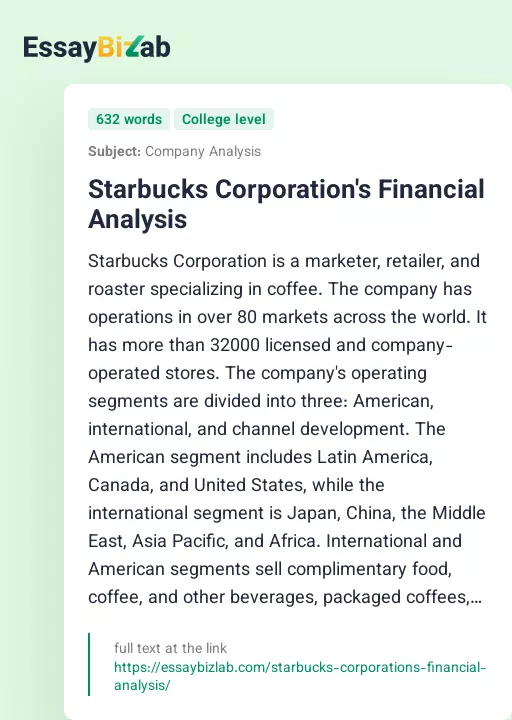 Starbucks Corporation's Financial Analysis - Essay Preview