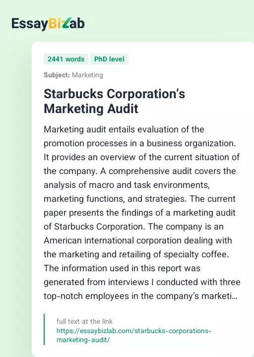 Starbucks Corporation’s Marketing Audit - Essay Preview