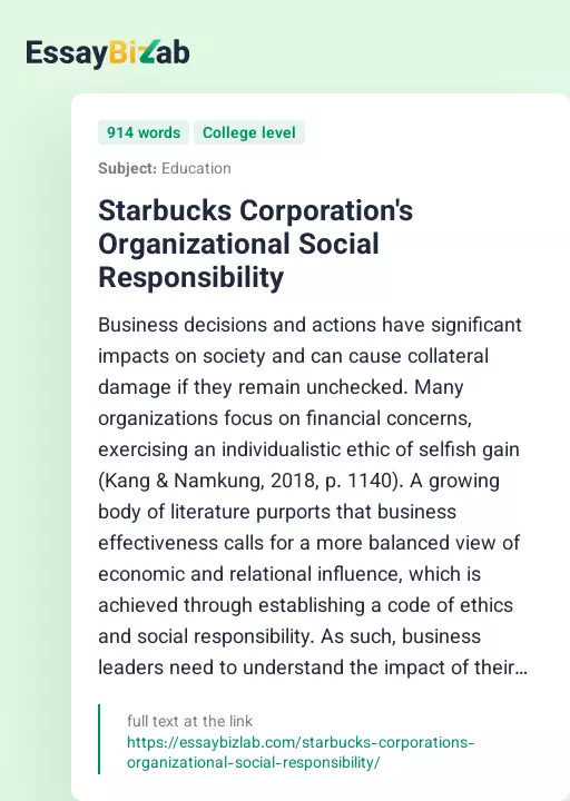 Starbucks Corporation's Organizational Social Responsibility - Essay Preview