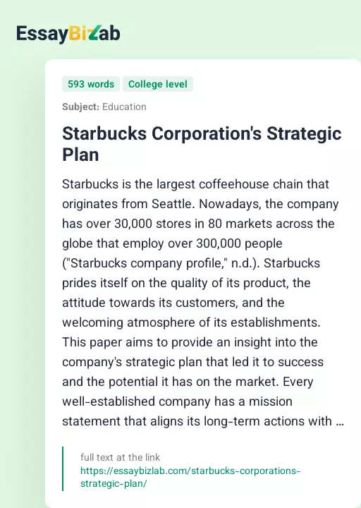 Starbucks Corporation's Strategic Plan - Essay Preview