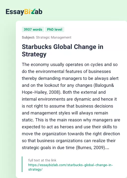 Starbucks Global Change in Strategy - Essay Preview