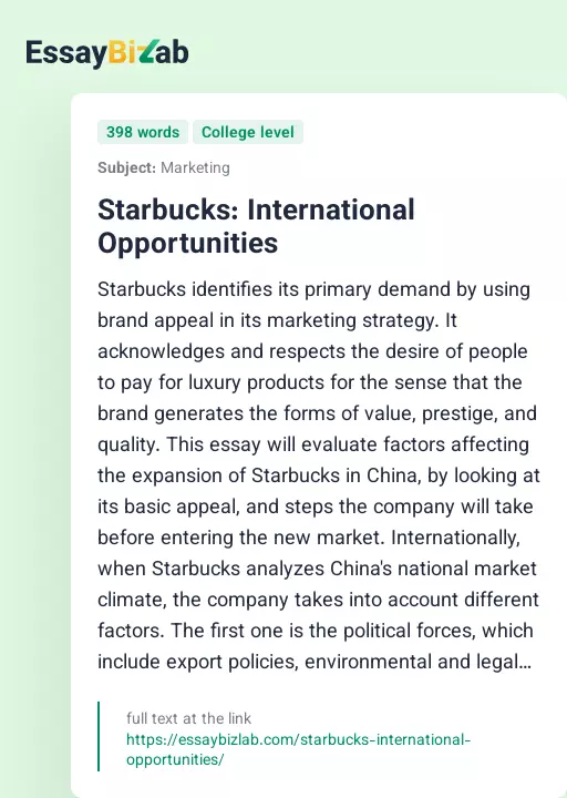 Starbucks: International Opportunities - Essay Preview