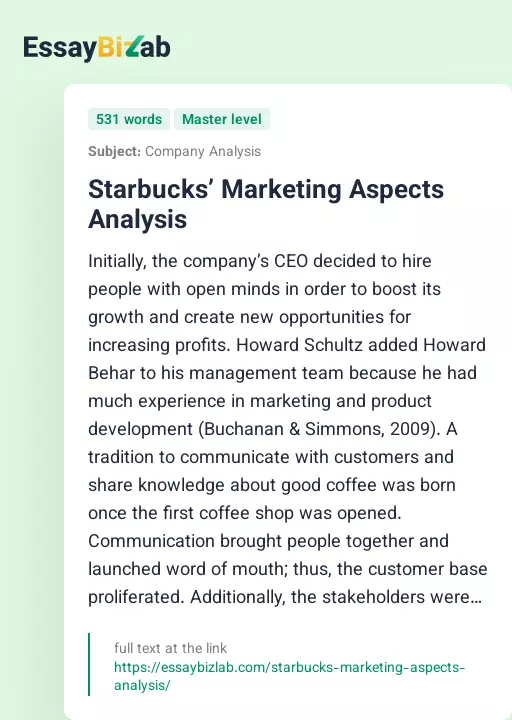 Starbucks’ Marketing Aspects Analysis - Essay Preview