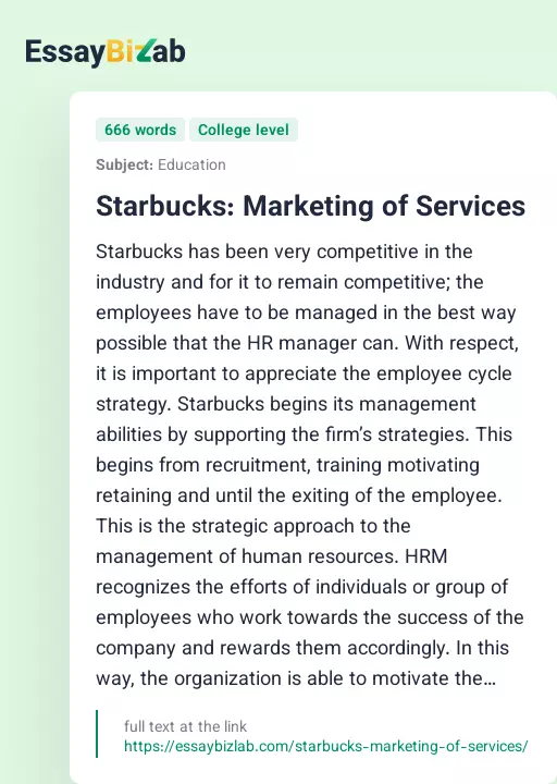 Starbucks: Marketing of Services - Essay Preview