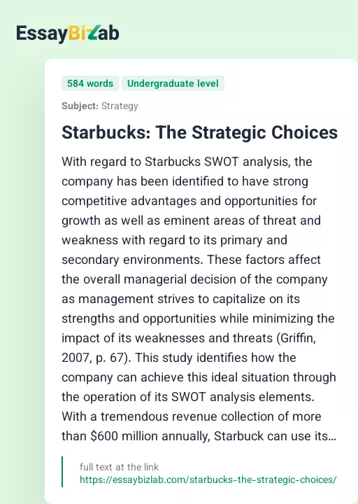 Starbucks: The Strategic Choices - Essay Preview