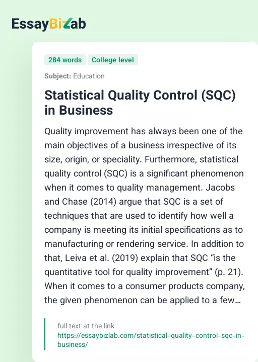 Statistical Quality Control (SQC) in Business - Essay Preview