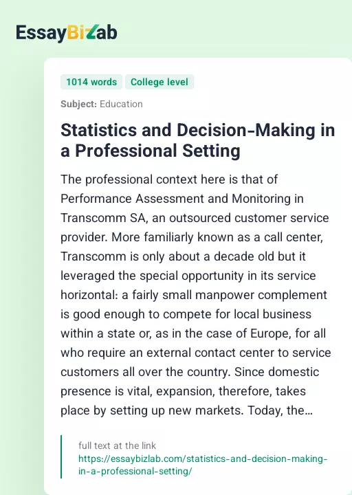 Statistics and Decision-Making in a Professional Setting - Essay Preview
