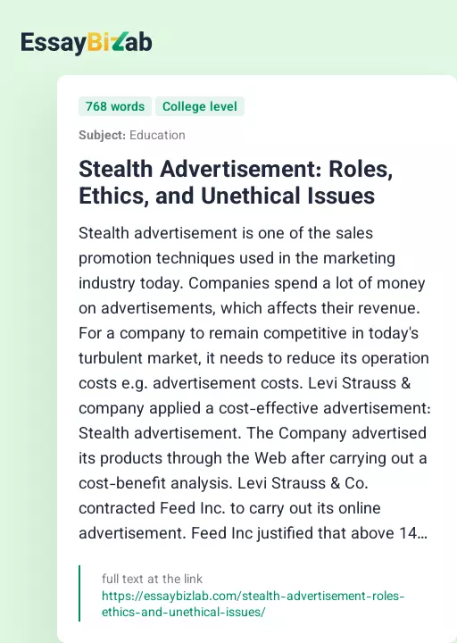 Stealth Advertisement: Roles, Ethics, and Unethical Issues - Essay Preview