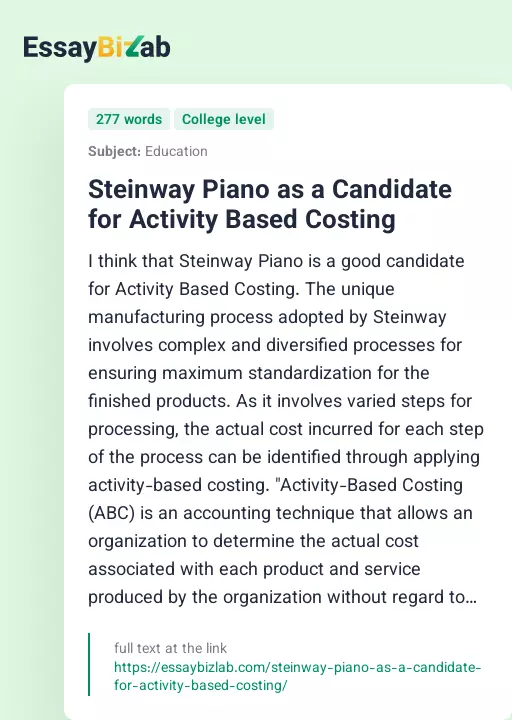 Steinway Piano as a Candidate for Activity Based Costing - Essay Preview