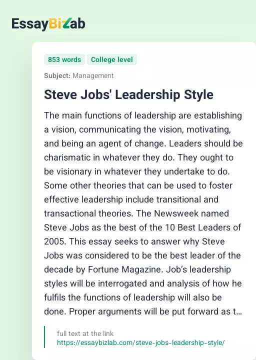 Steve Jobs' Leadership Style - Essay Preview