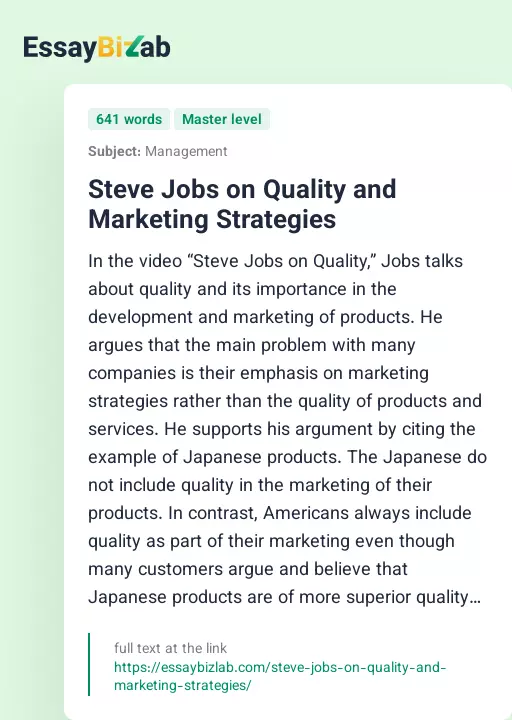 Steve Jobs on Quality and Marketing Strategies - Essay Preview