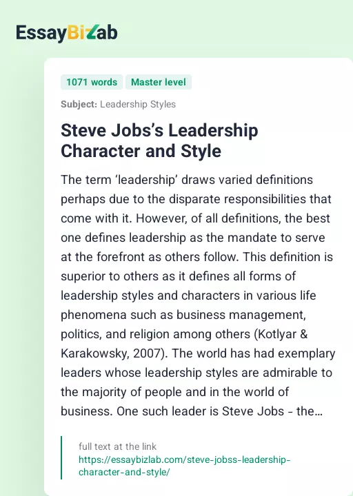 Steve Jobs’s Leadership Character and Style - Essay Preview