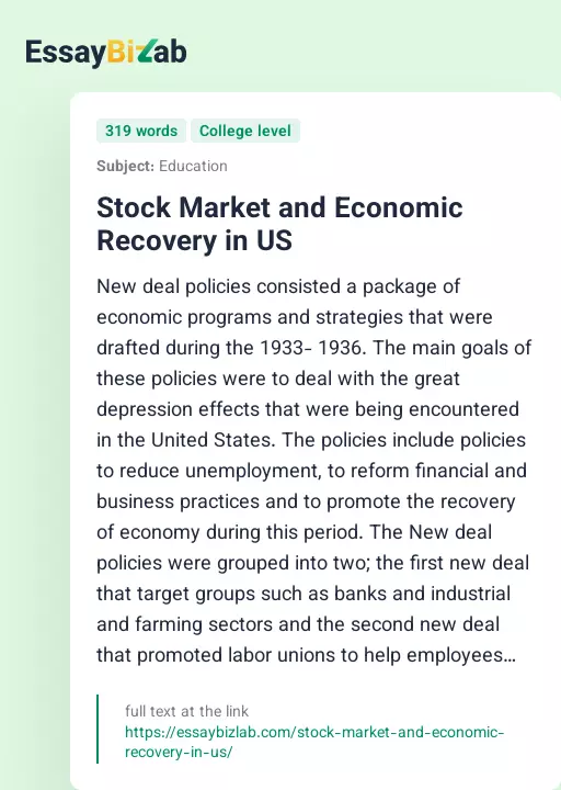 Stock Market and Economic Recovery in US - Essay Preview