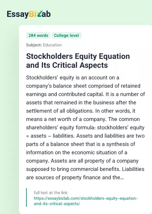 Stockholders Equity Equation and Its Critical Aspects - Essay Preview