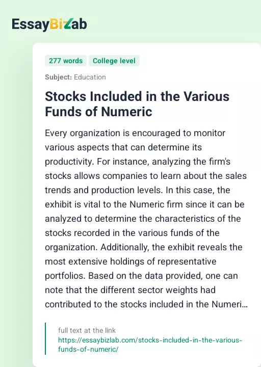 Stocks Included in the Various Funds of Numeric - Essay Preview
