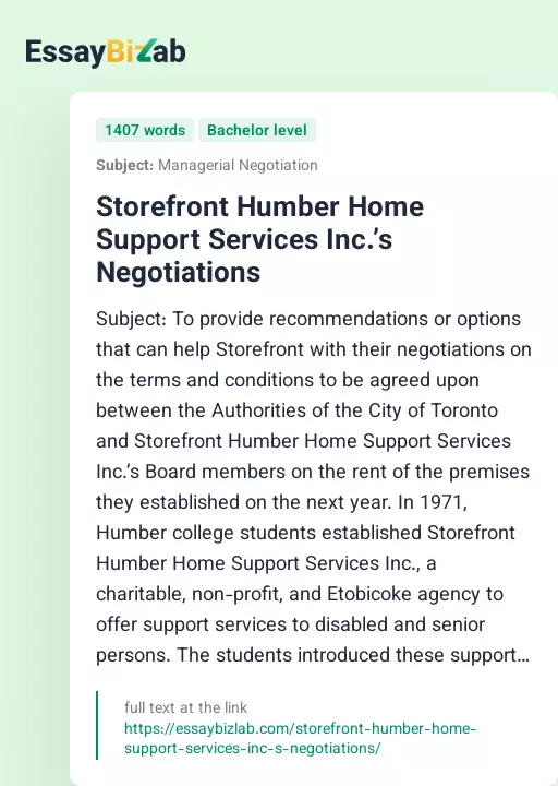 Storefront Humber Home Support Services Inc.’s Negotiations - Essay Preview
