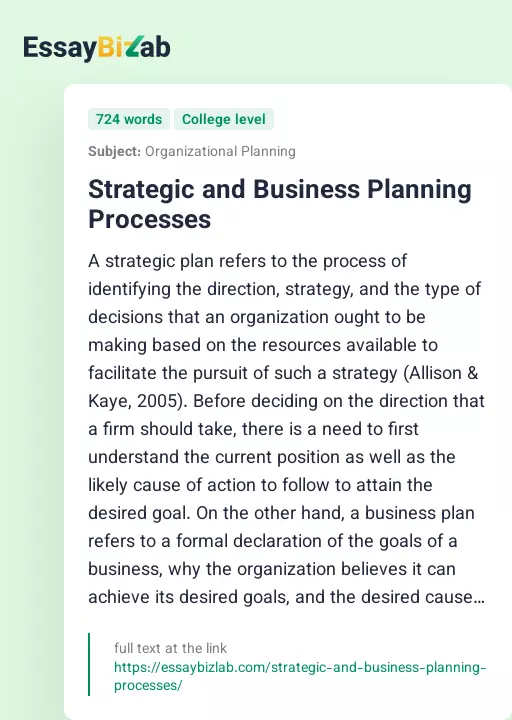 Strategic and Business Planning Processes - Essay Preview