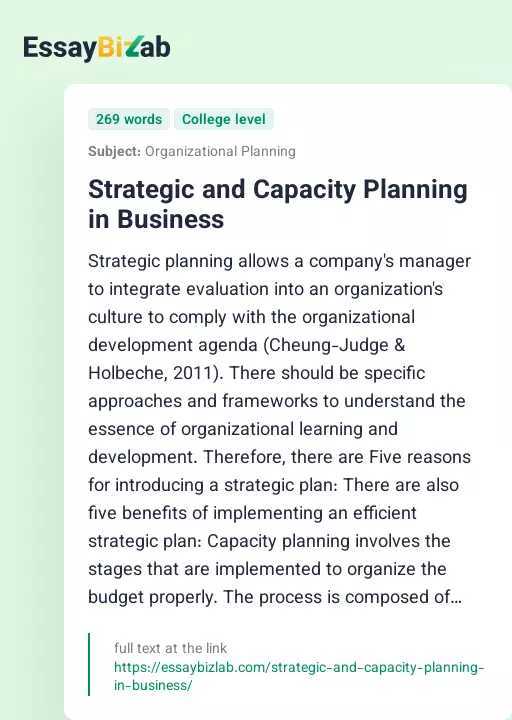 Strategic and Capacity Planning in Business - Essay Preview