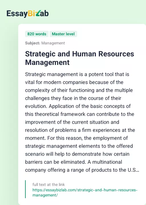 Strategic and Human Resources Management - Essay Preview